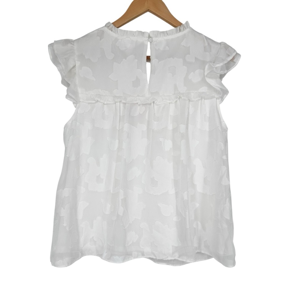 LC Lauren Conrad White Floral Flutter Cap Sleeve Blouse Medium Ruffle Trim Top - Picture 8 of 13